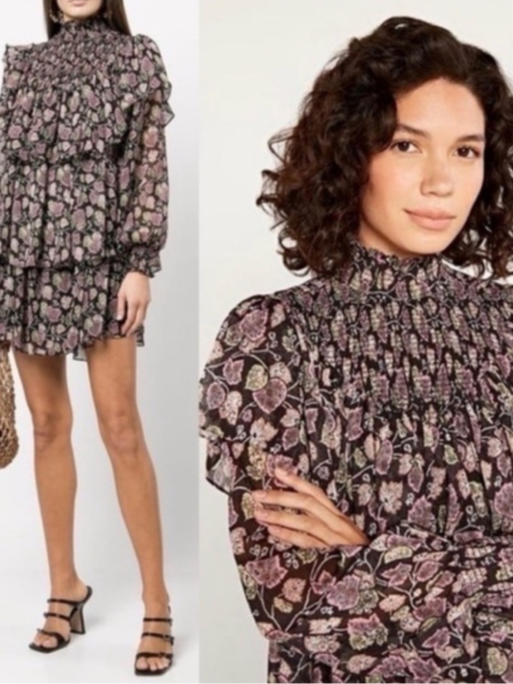 ✅ Cinq A Sept Dress Drew Georgette Ruffle Tiered Mini in Brown Purple Floral